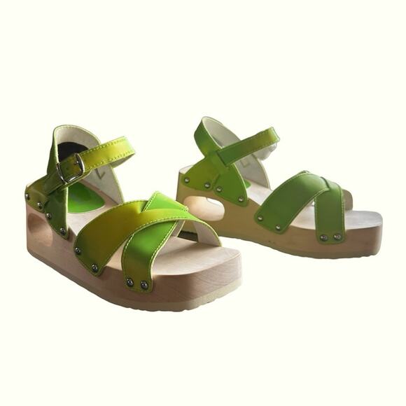 JEFFREY CAMPBELL Spiced Wood Wedge Sandals Lime Green - Picture 1 of 8